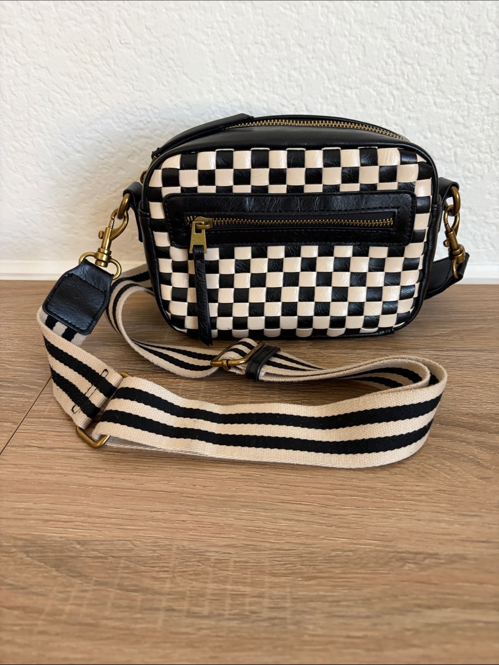 Universal Thread Black & Cream Checkerboard Crossbody with Striped Strap